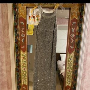Gray sparkly long Adrianna Papell beaded gown